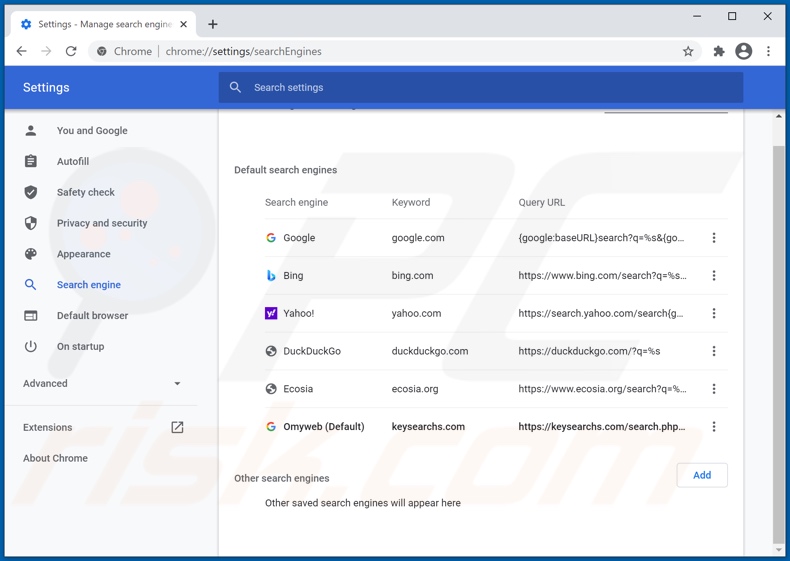 Removing keysearchs.com from Google Chrome default search engine