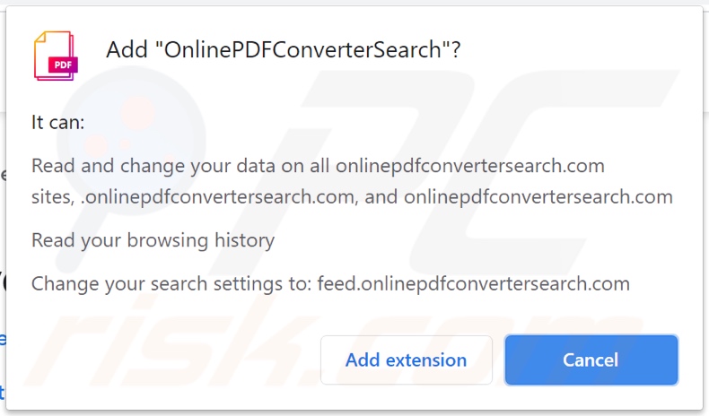 OnlinePDFConverterSearch browser hijacker asking for permissions