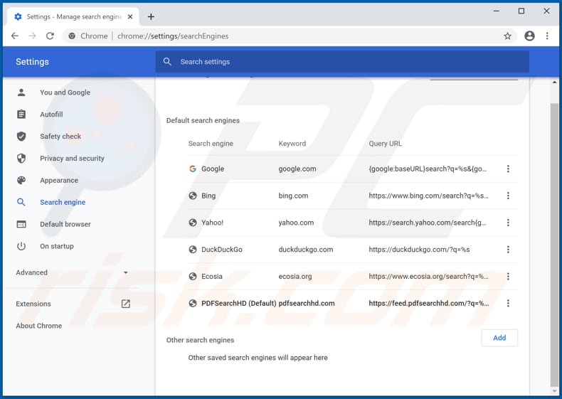 Removing pdfsearchhd.com from Google Chrome default search engine