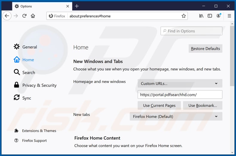 Removing pdfsearchhd.com from Mozilla Firefox homepage