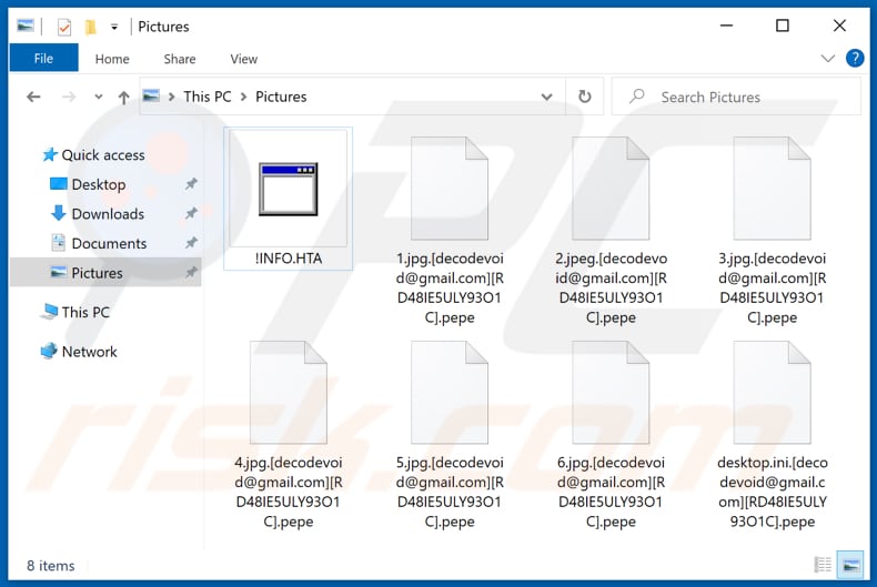 Files encrypted by Pepe ransomware (.pepe extension)