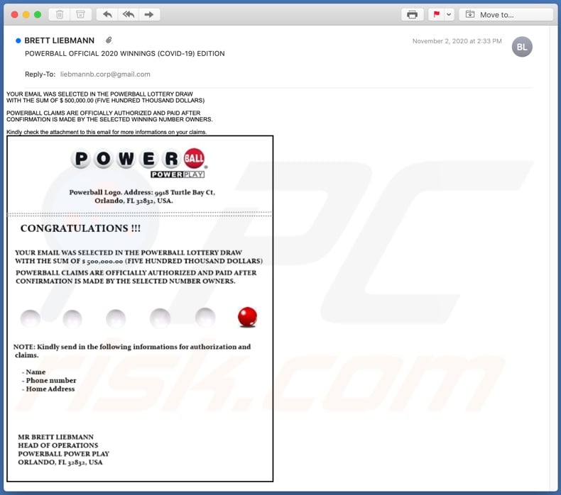 POWERBALL OFFICIAL 2020 WINNINGS email spam campaign