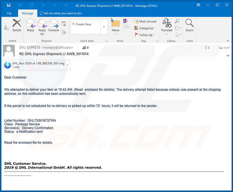 DHL-themed spam email spreading QNodeService trojan