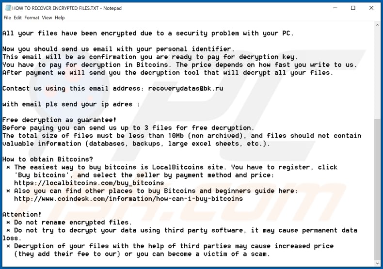 Recoverydatas decrypt instructions (HOW TO RECOVER ENCRYPTED FILES.TXT)