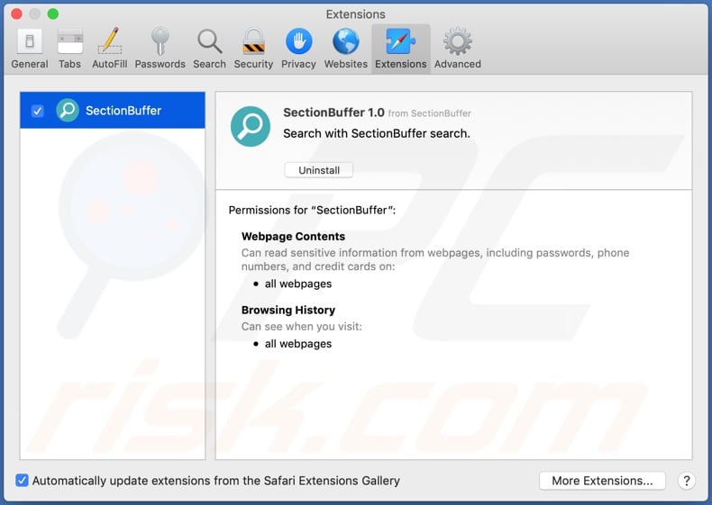 SectionBuffer adware installed onto Safari