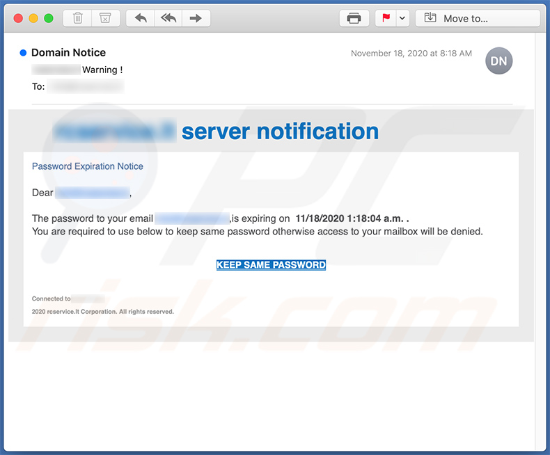 Server Notification-themed spam email promoting a phishing website