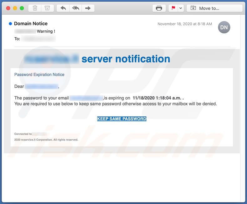 Server Notification-themed spam email promoting a phishing website