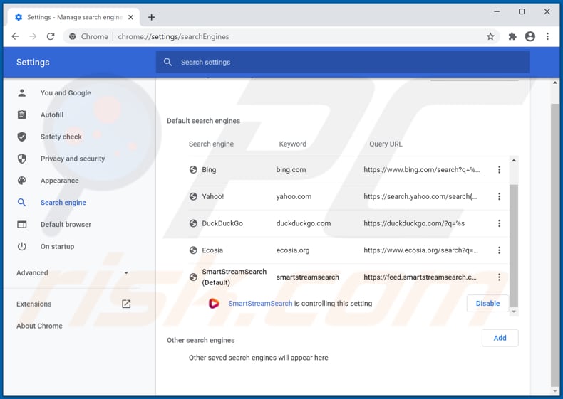 Removing smartstreamsearch.com from Google Chrome default search engine