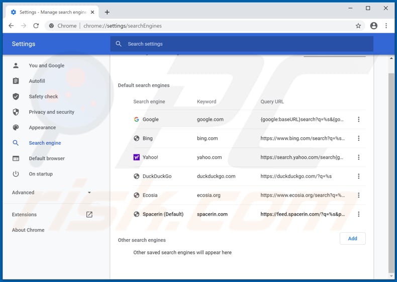 Removing spacerin.com from Google Chrome default search engine