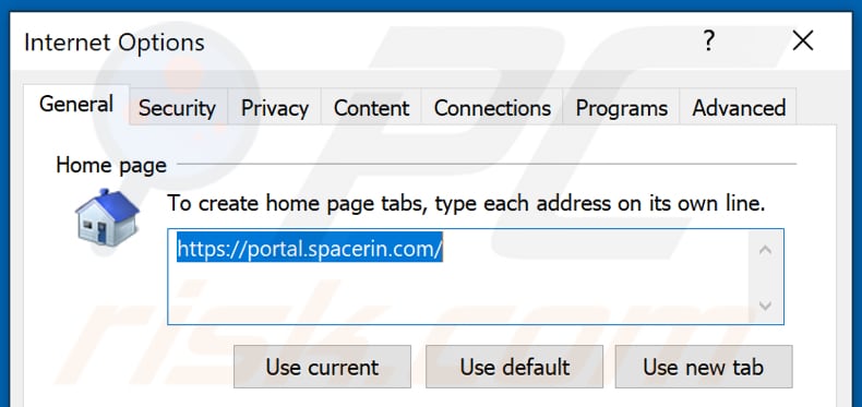 Removing spacerin.com from Internet Explorer homepage