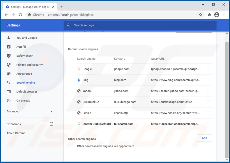 Removing tailsearch.com from Google Chrome default search engine