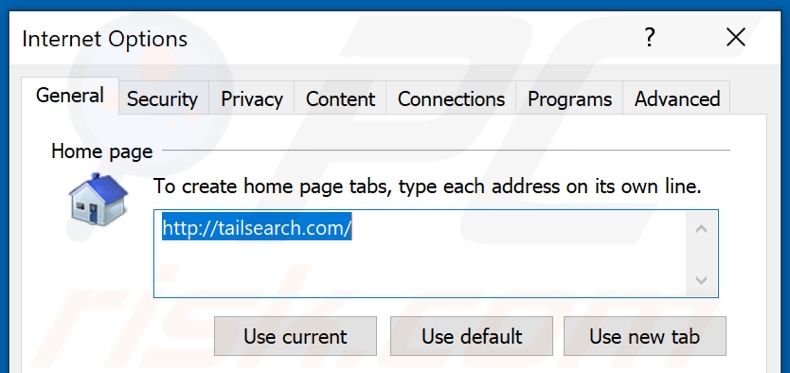 Removing tailsearch.com from Internet Explorer homepage