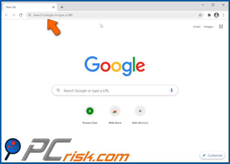 Stream Club browser hijacker promoting tailsearch.com that redirects to Google (GIF)