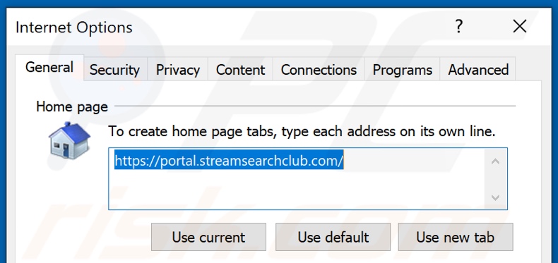 Removing streamsearchclub.com from Internet Explorer homepage