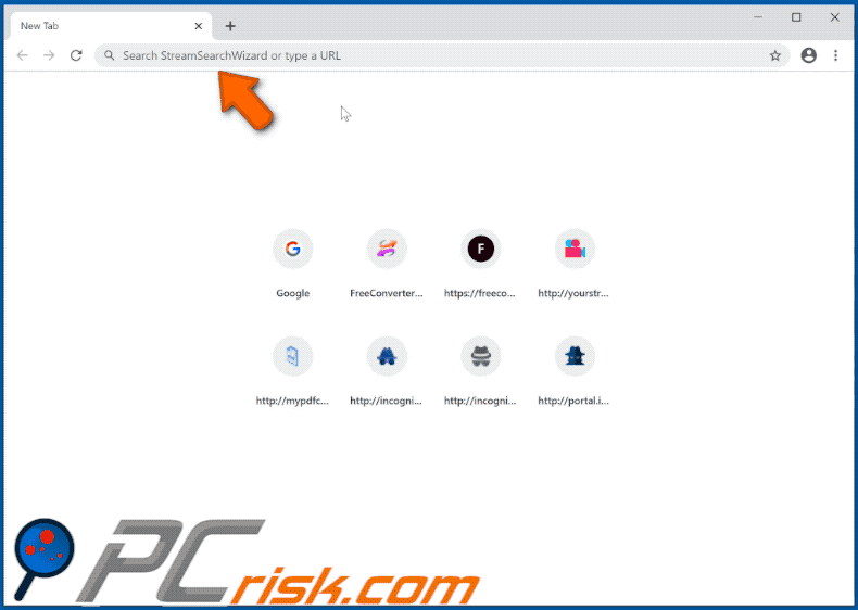 StreamSearchWizard browser hijacker appearance (GIF)