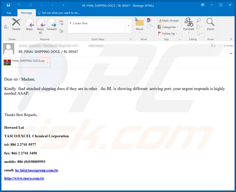 Tasco email virus malware-spreading email spam campaign