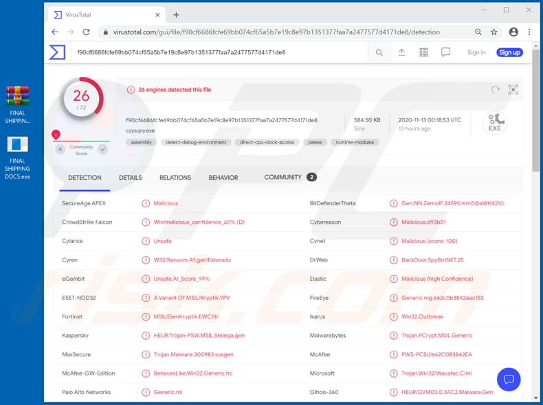 tasco email virus virustotal detections list