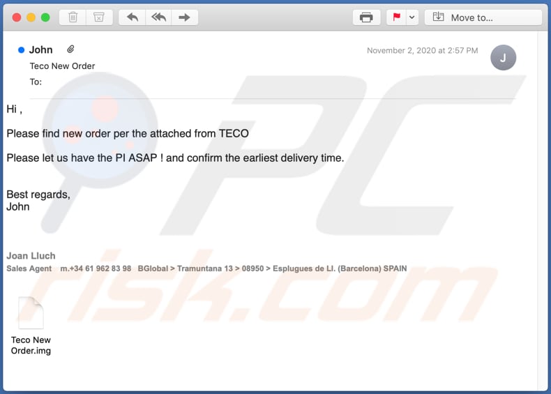 Teco New Order email virus malware-spreading email spam campaign