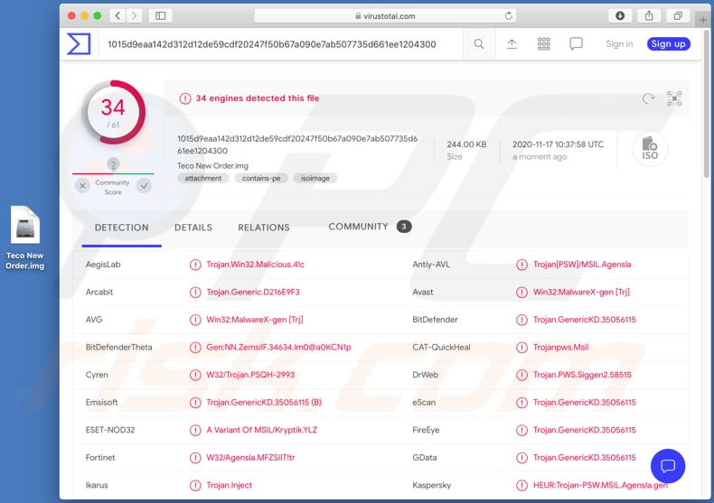 teco new order email virus virustotal detections