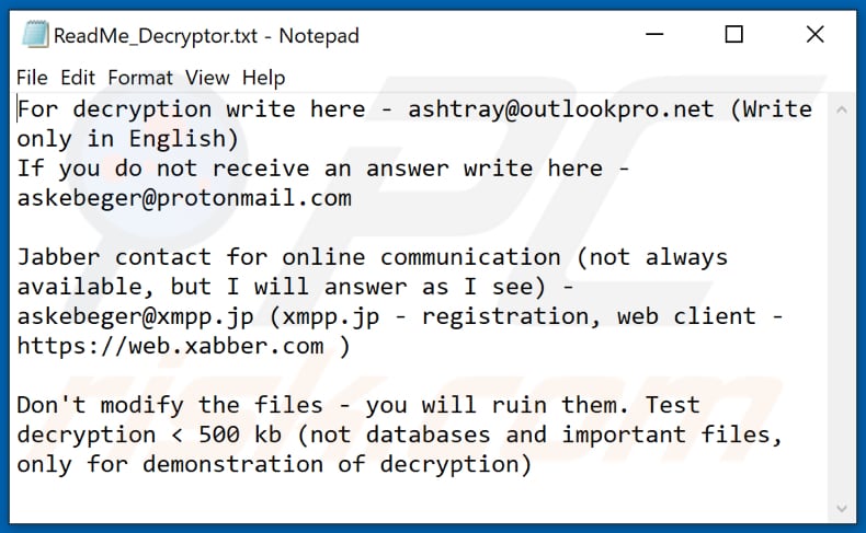 Termit ransomware ransom note (ReadMe_Decryptor.txt)