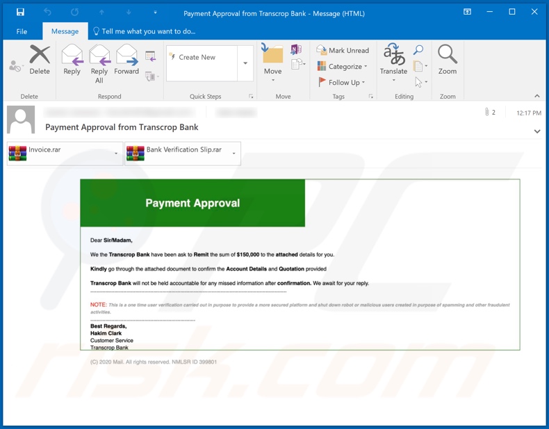 Transcrop Bank malware-spreading email spam campaign
