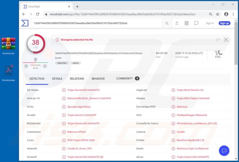 Transcrop Bank email virus malicious attachment VirusTotal detections (Invoice.exe)