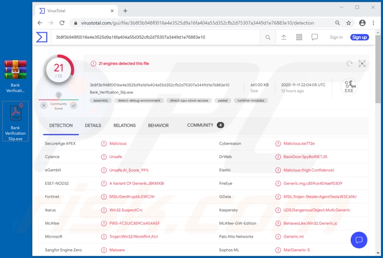 Transcrop Bank email virus malicious attachment VirusTotal detections (Bank Verification Slip.exe)