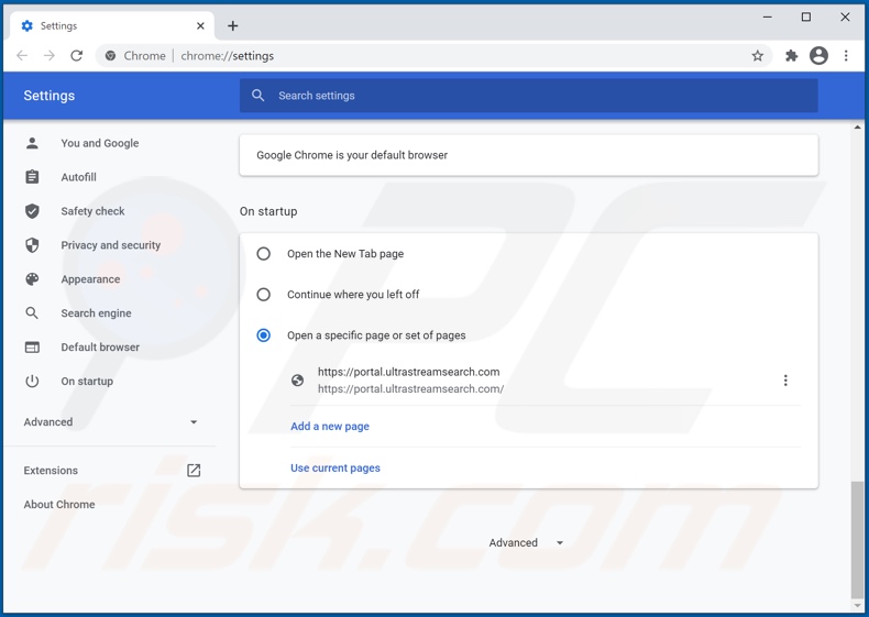 Removing ultrastreamsearch.com from Google Chrome homepage