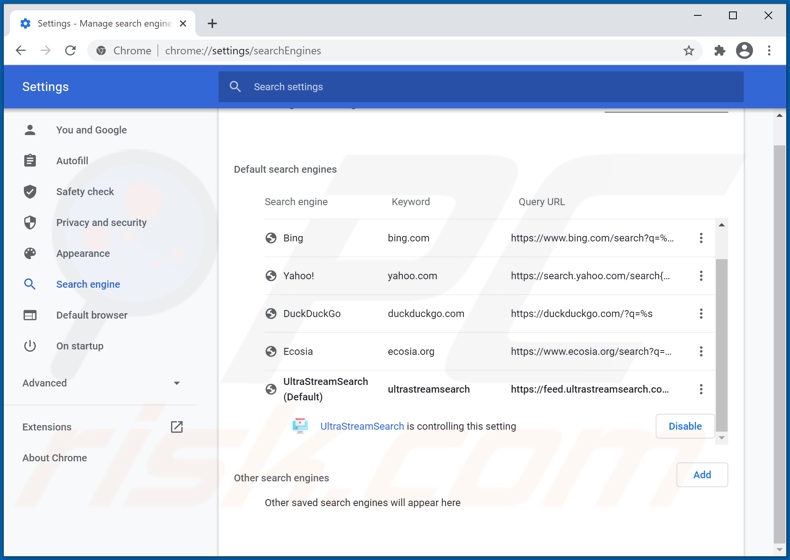 Removing ultrastreamsearch.com from Google Chrome default search engine