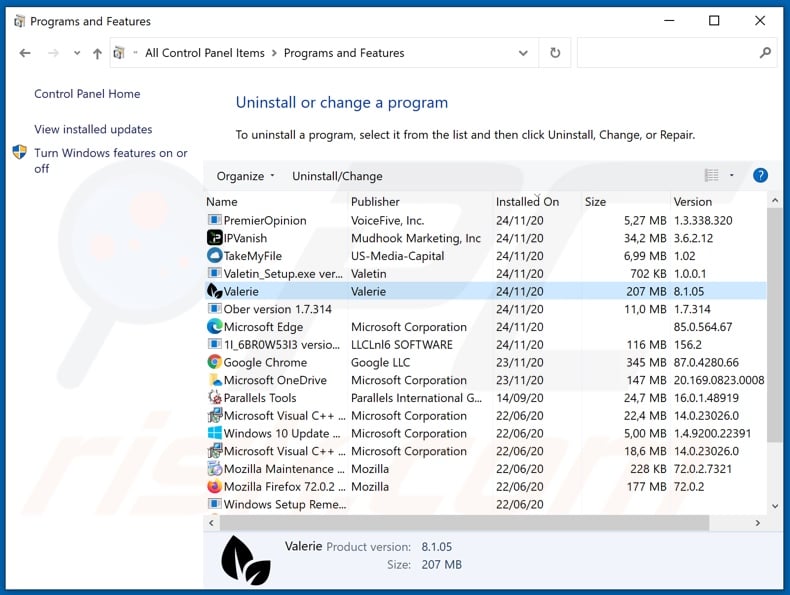 Valerie adware uninstall via Control Panel