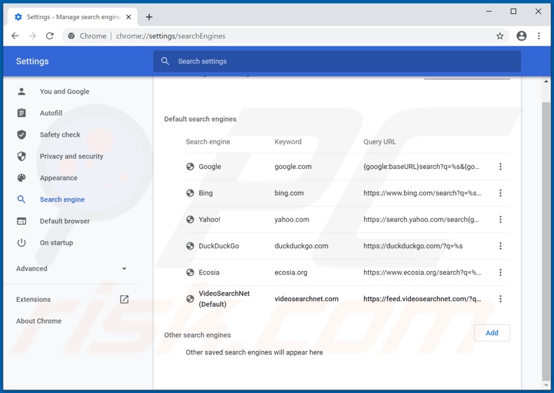 Removing videosearchnet.com from Google Chrome default search engine