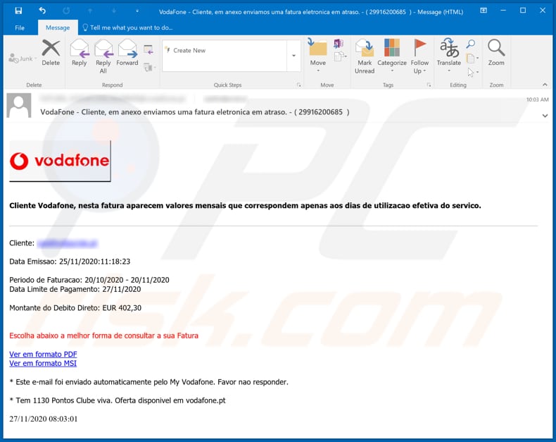 VodaFone email virus malware-spreading email spam campaign