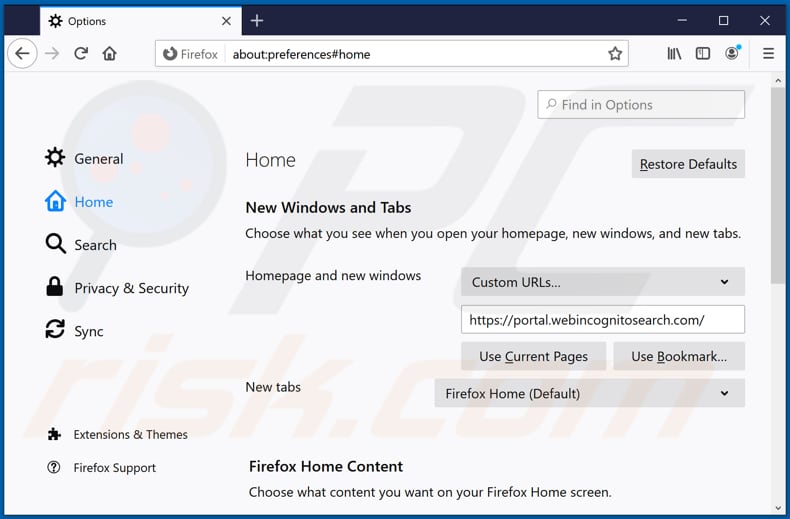 Removing webincognitosearch.com from Mozilla Firefox homepage