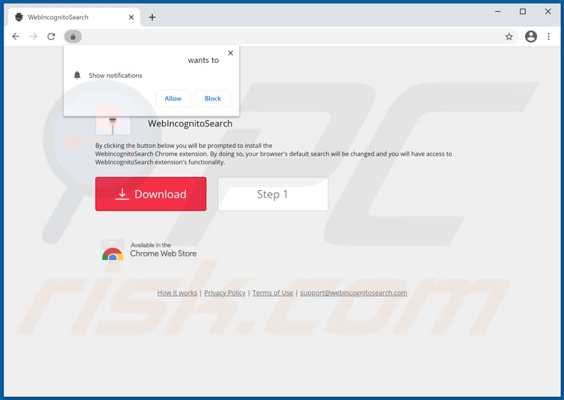 Website used to promote WebIncognitoSearch browser hijacker