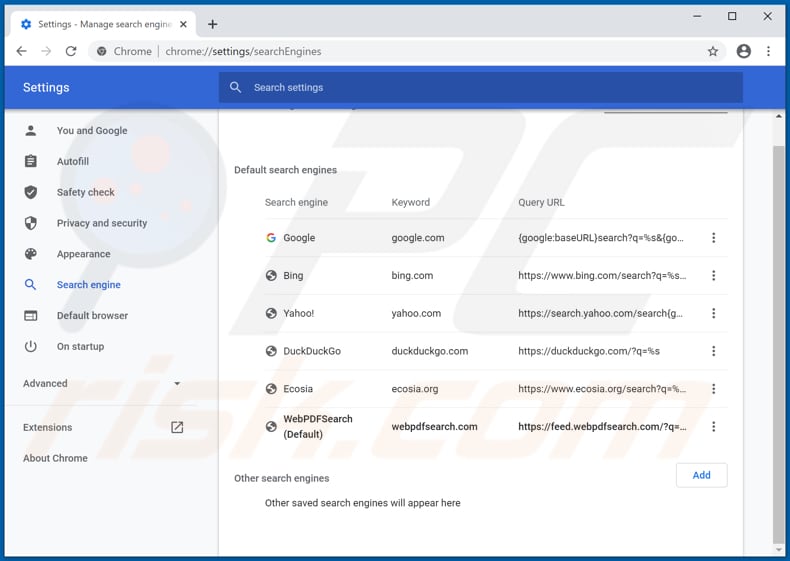 Removing webpdfsearch.com from Google Chrome default search engine