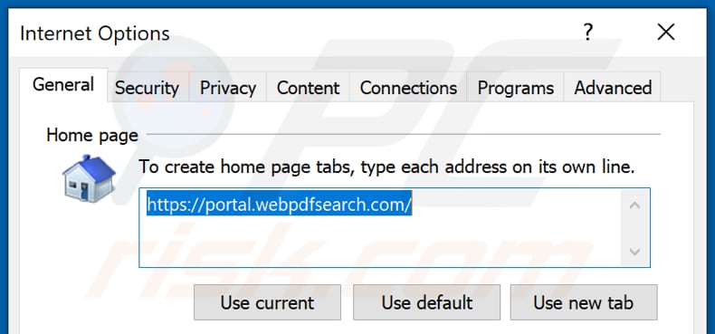 Removing webpdfsearch.com from Internet Explorer homepage
