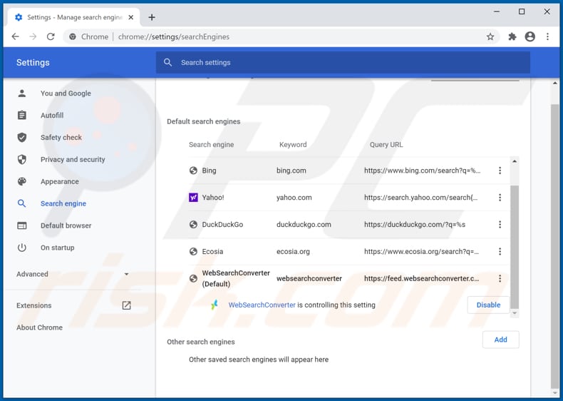 Removing websearchconverter.com from Google Chrome default search engine