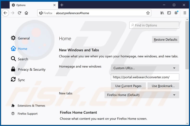 Removing websearchconverter.com from Mozilla Firefox homepage