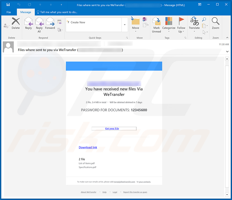WeTransfer-themed spam email promoting malicious files (2020-11-18)