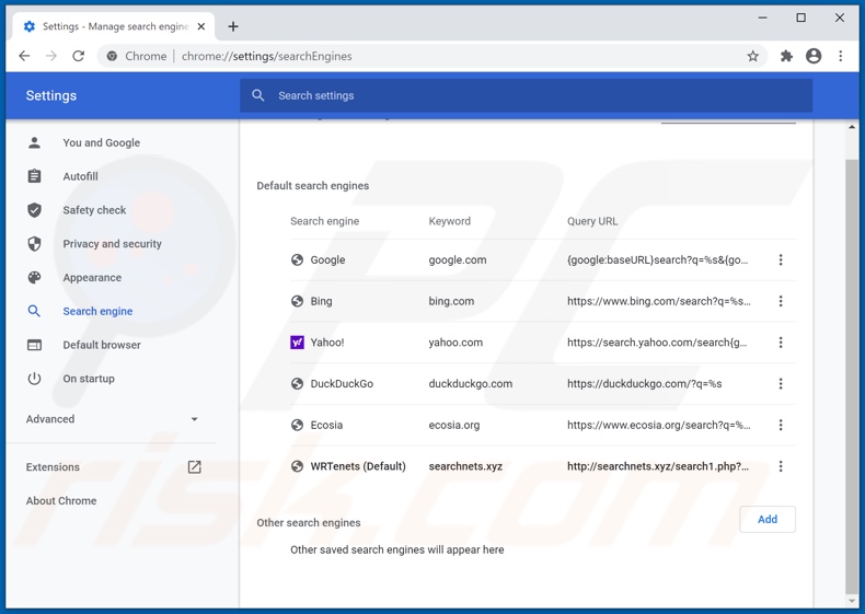 Removing searchnets.xyz from Google Chrome default search engine