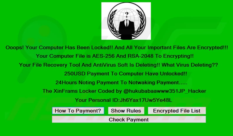 XinFrams screenlocker ransom note