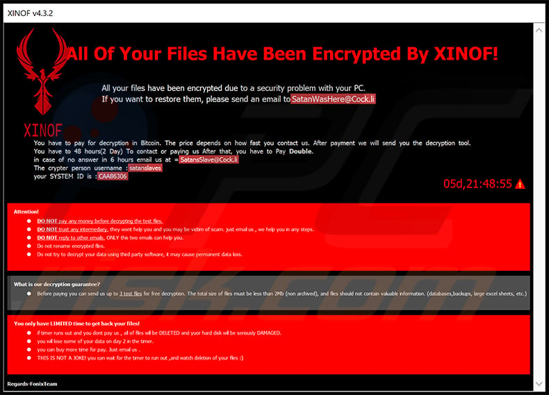 Updated XINOF ransomware pop-up window