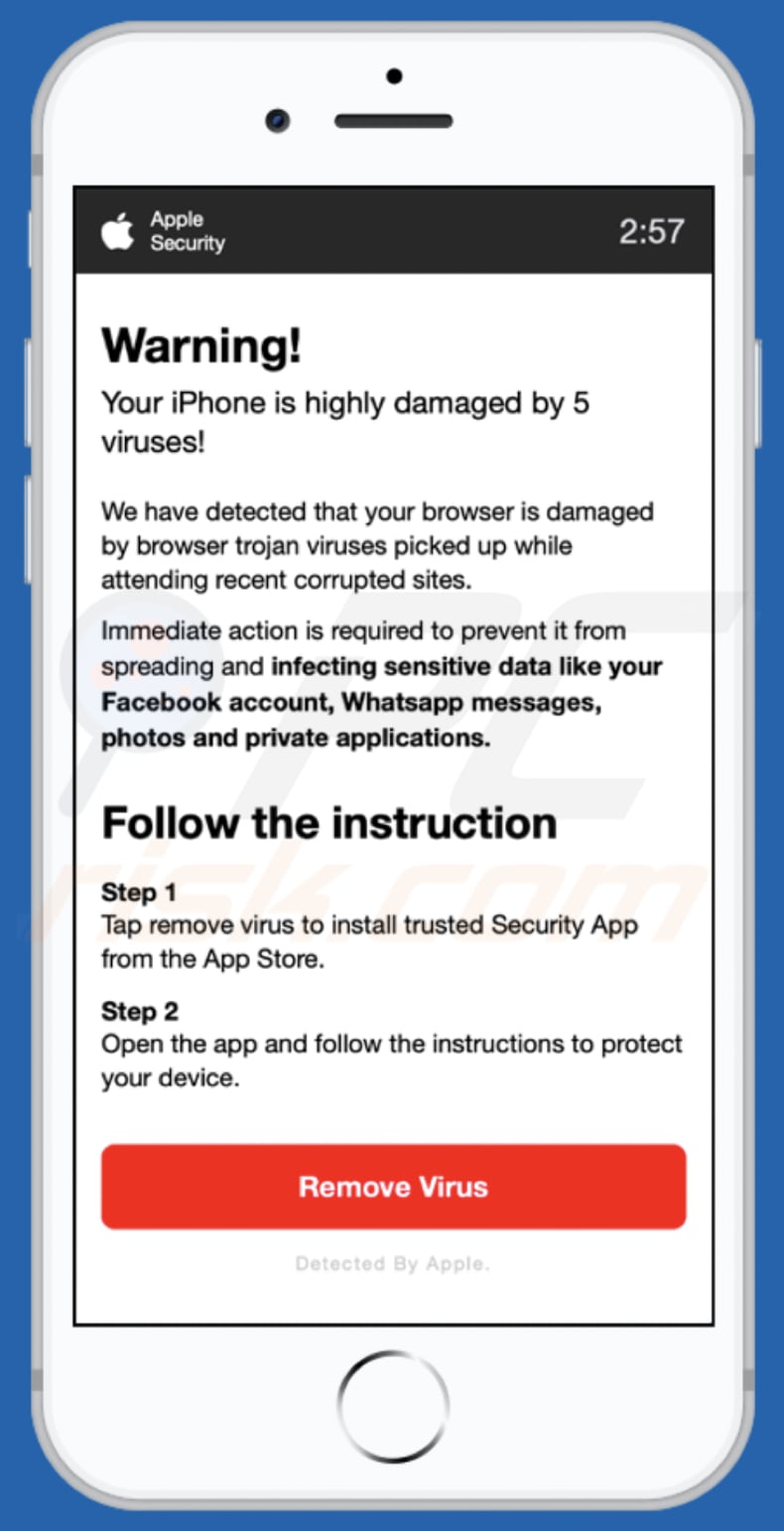 your iphone is highly damaged by 5 viruses pop-up scam background page