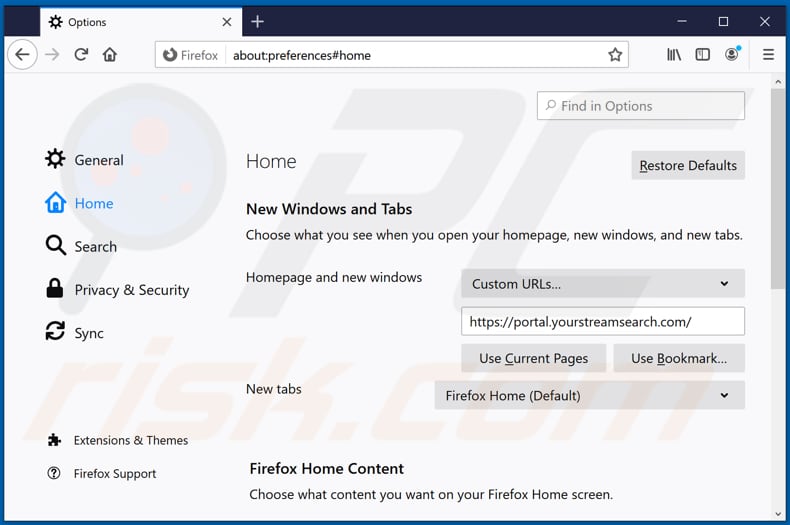 Removing yourstreamsearch.com from Mozilla Firefox homepage