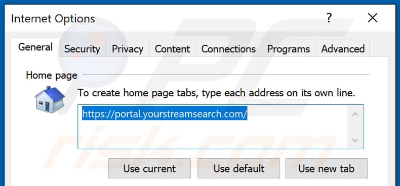 Removing yourstreamsearch.com from Internet Explorer homepage