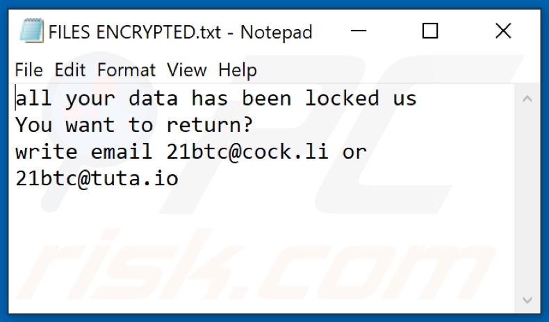21btc ransomware text file (FILES ENCRYPTED.txt)