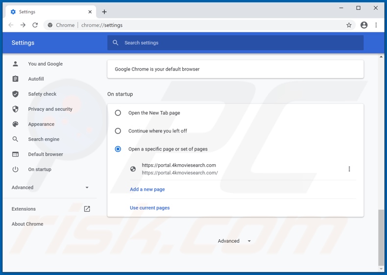 Removing 4kmoviesearch.com from Google Chrome homepage