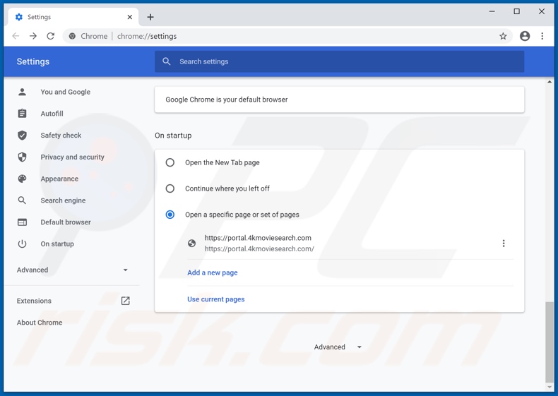 Removing 4kmoviesearch.com from Google Chrome homepage