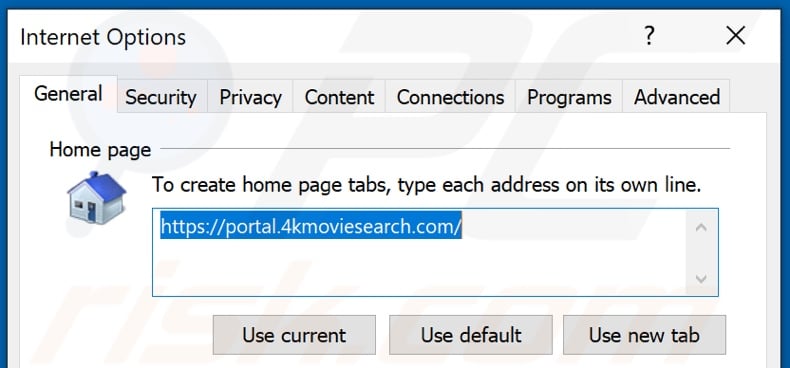 Removing 4kmoviesearch.com from Internet Explorer homepage