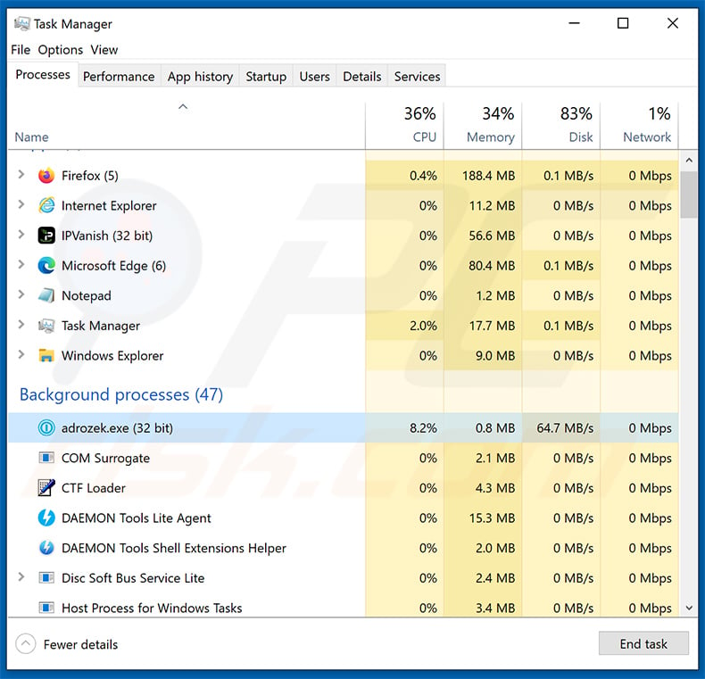 Adrozek malware in Windows Task Manager